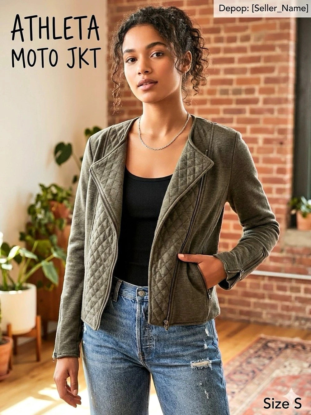Athleta Belvedere Quilted Moto Jacket Green & Black Small